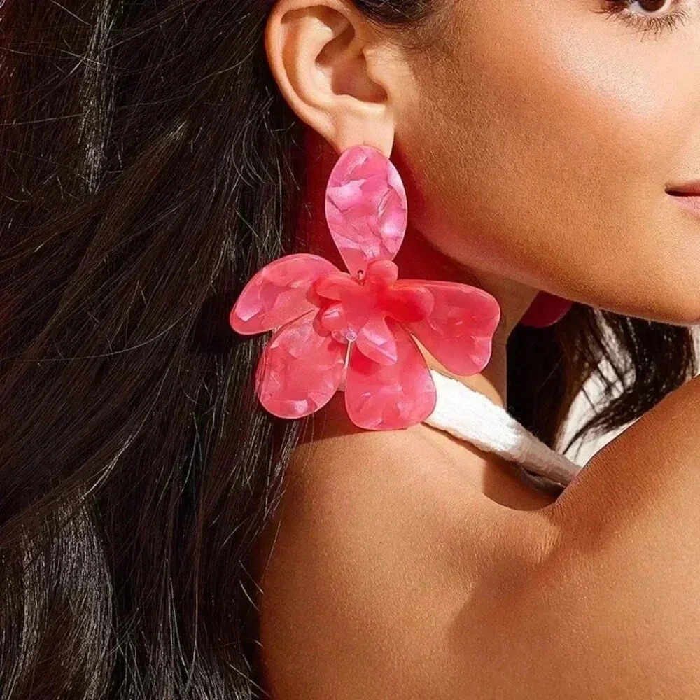 Hot Pink Women's Acetic Acid Floral Design Personality Earrings - Picture 6 of 7